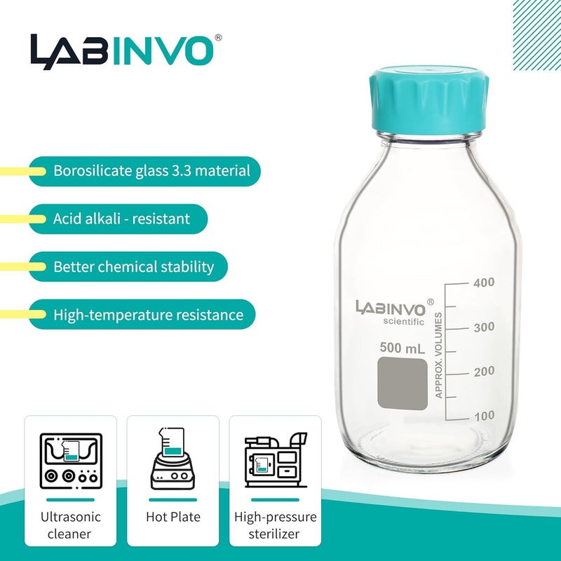LINVO Glass Round Media Storage Bottles, 6pcs of Vol.500ml, 3.3 Borosilicate Glass Material, With GL45 Polypropylene Screw Cap in Aqua Blue Color, Type B Cap,IN-RB500B - Image 3